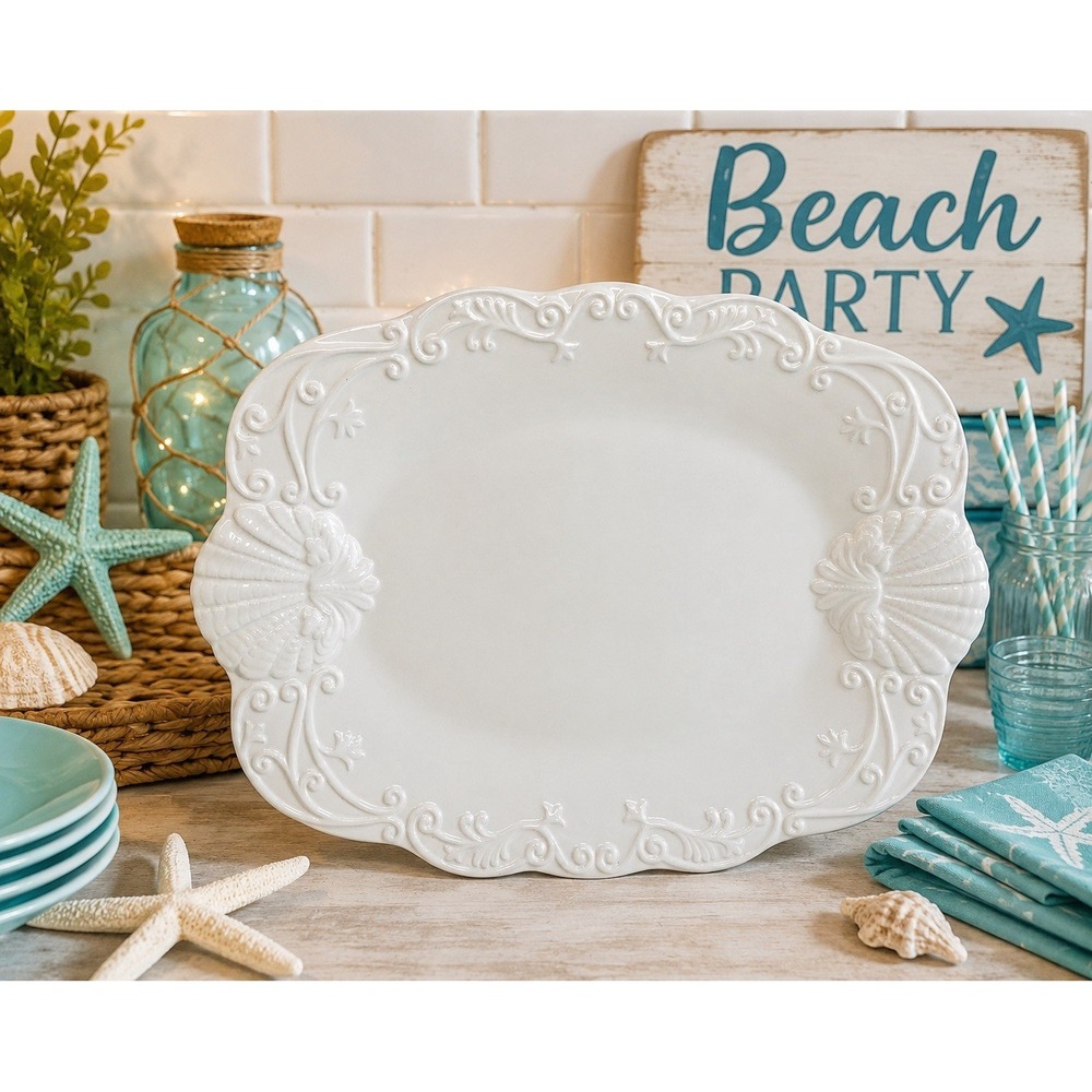 Ceriart Portugal - White Embossed Seashells Beach Handles Beautiful Platter‎